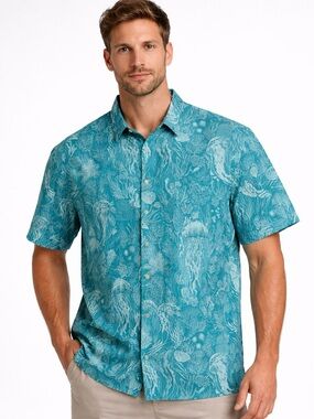 Tori Richard Jellyfish Sea Ferns Print Cotton Camp Shirt Teal Men's Size XL NWOT